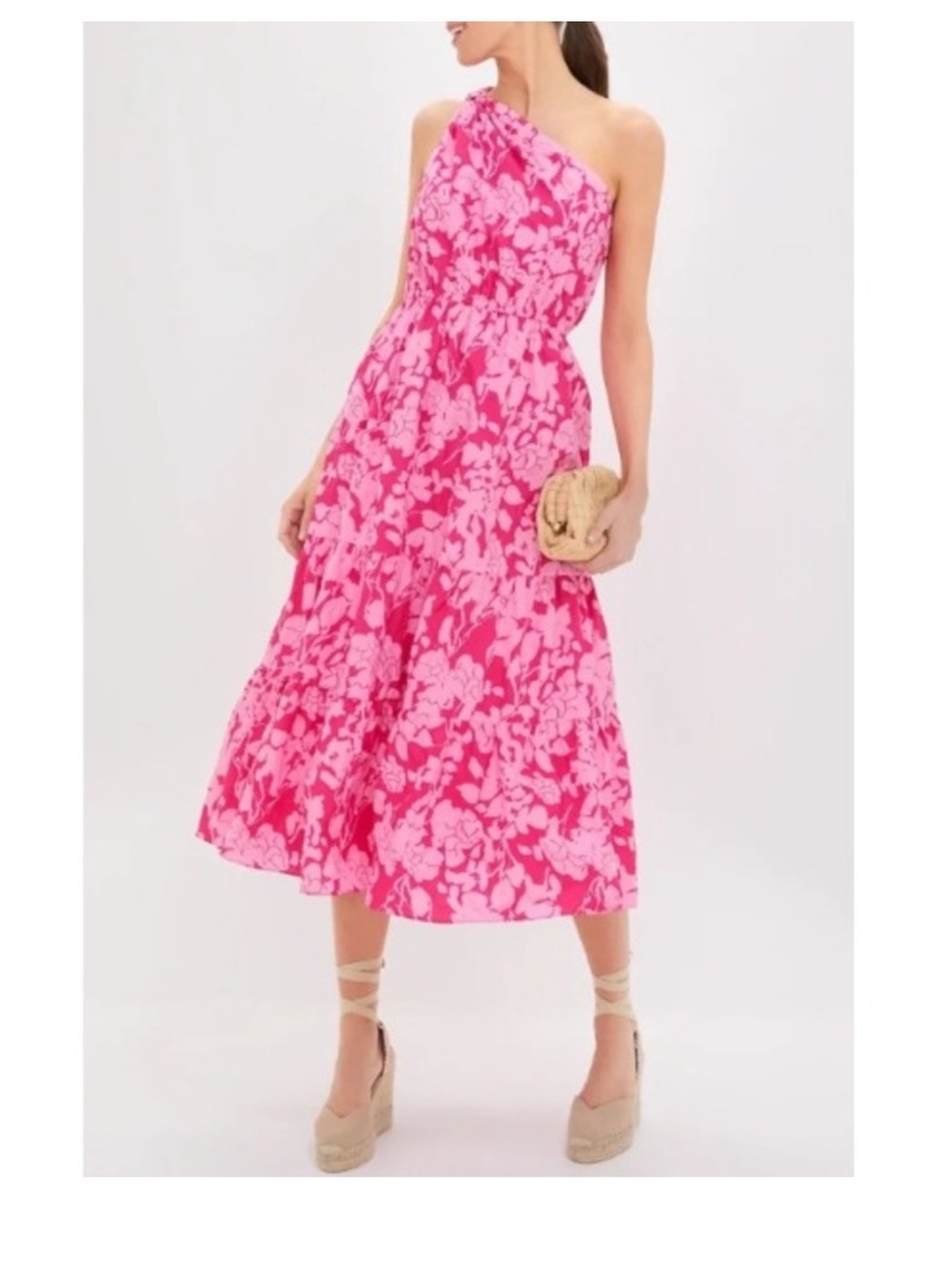 One-Shoulder Pink Floral Midi Dress